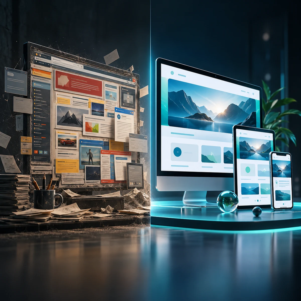 Business website redesign comparison: outdated and modern responsive website