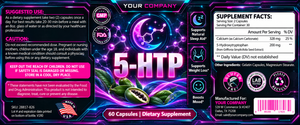 5-HTP Supplement Label – Futuristic & Neon Design