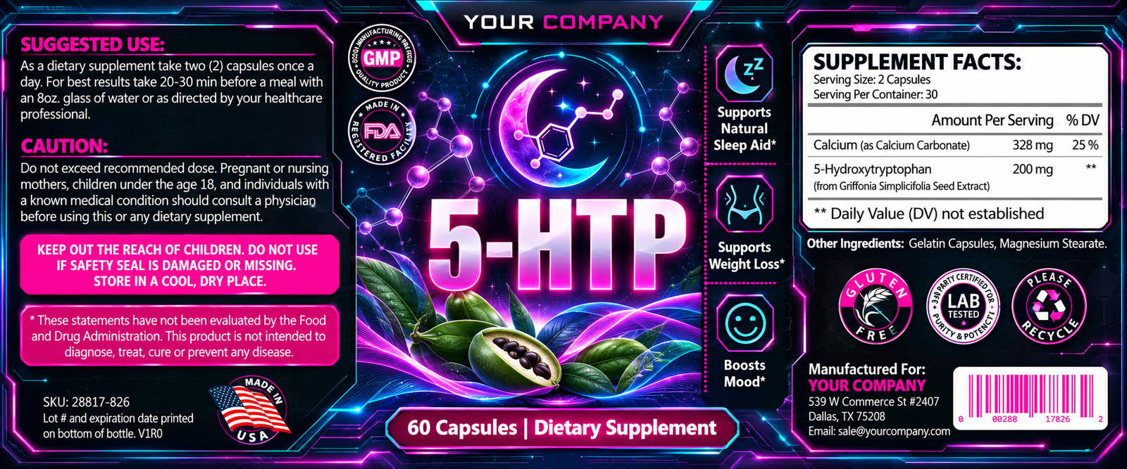 5-HTP Supplement Label – Futuristic & Neon Design