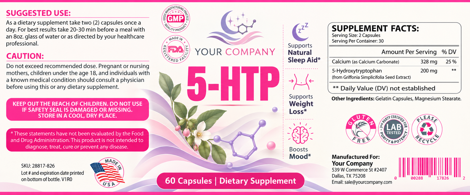 5-HTP Supplement Label – Modern & Clean Design