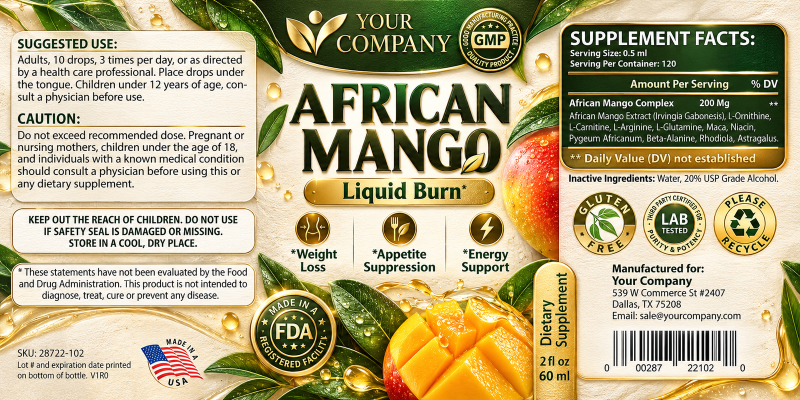 African Mango Drops Supplement Label – Botanical & Natural Design