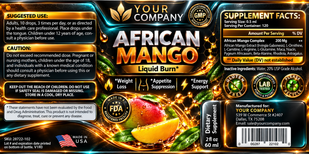 African Mango Drops Supplement Label – Futuristic & Neon Design