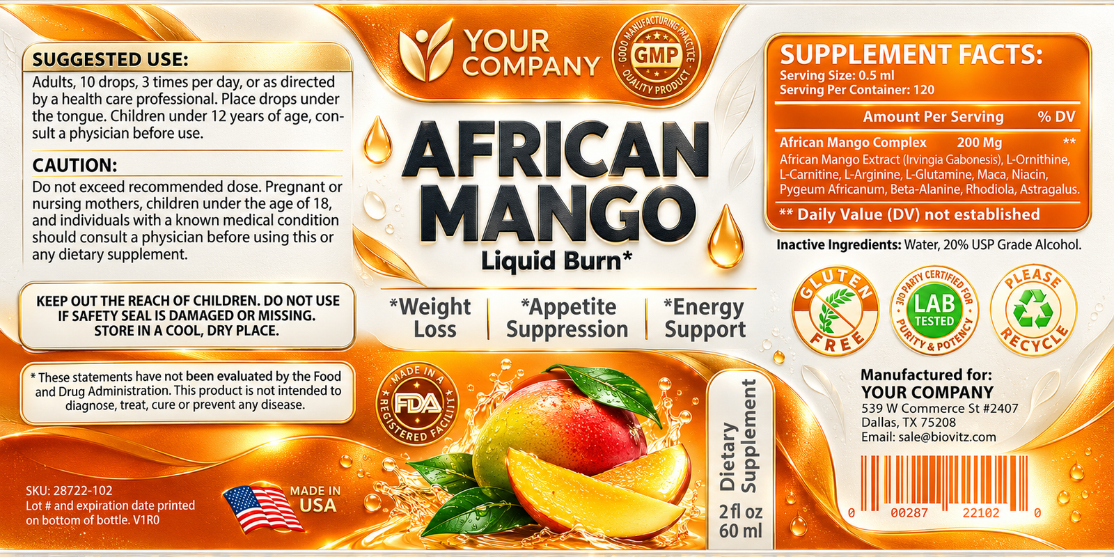 African Mango Drops Supplement Label – Modern & Clean Design
