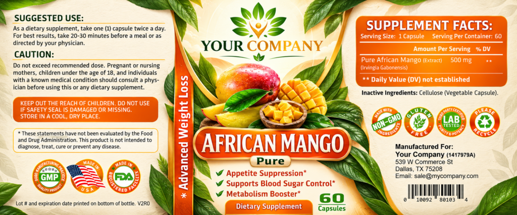 African Mango Pure 500mg Supplement Label – Botanical & Natural Design