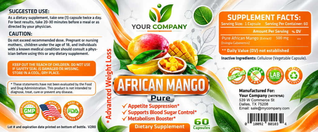 African Mango Pure 500mg Supplement Label – Classic & Elegant Design