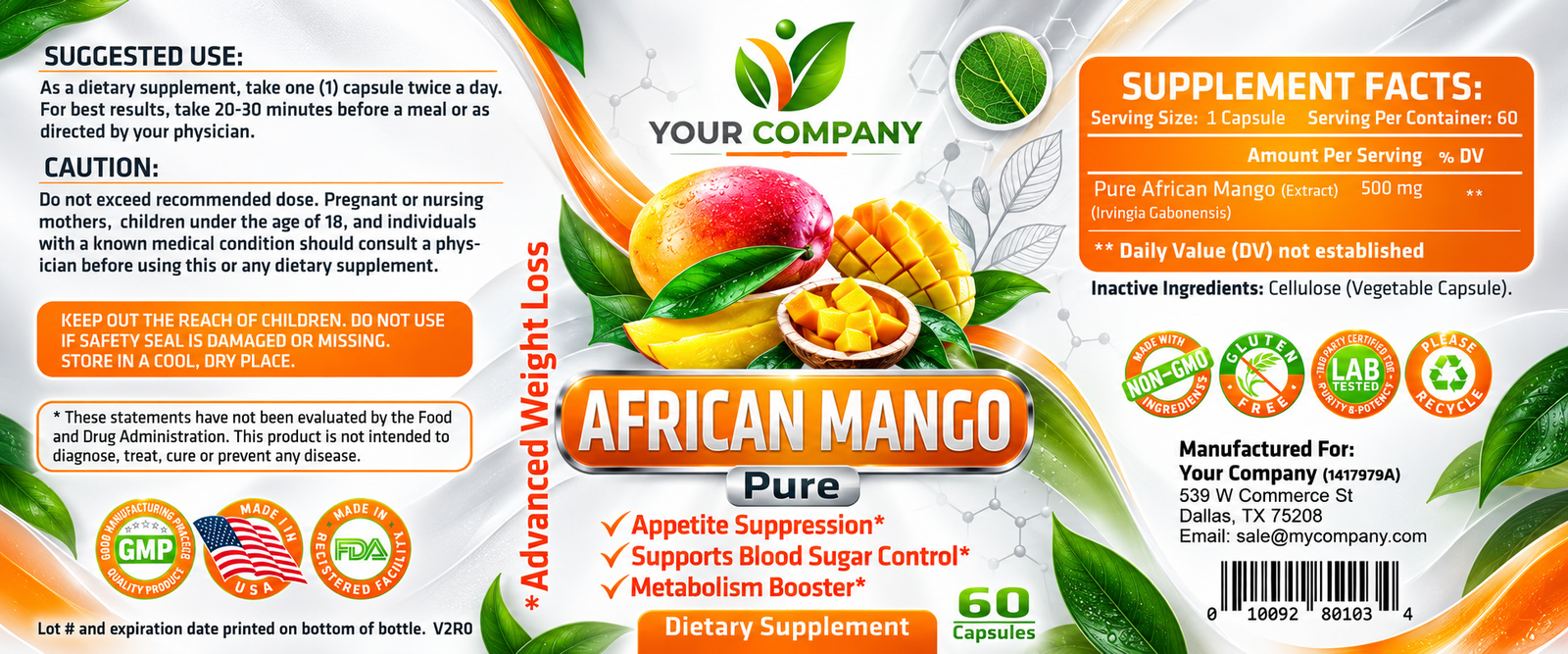 African Mango Pure 500mg Supplement Label – Classic & Elegant Design