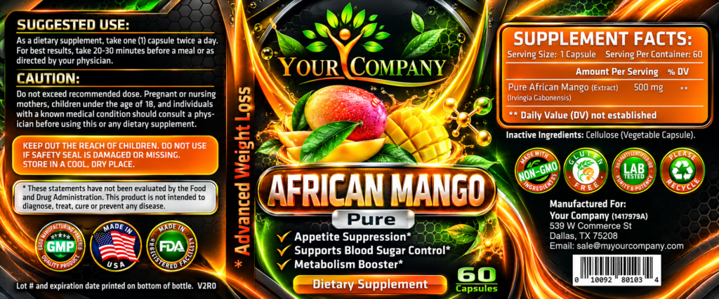 African Mango Pure 500mg Supplement Label – Futuristic & Neon Design
