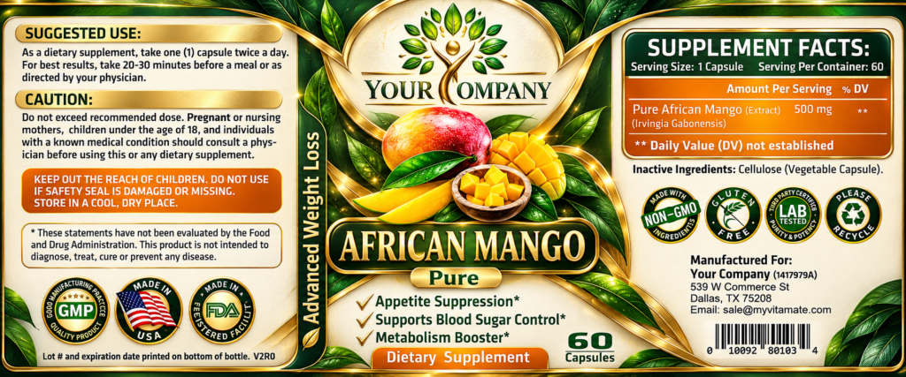 African Mango Pure 500mg Supplement Label – Luxury & Premium Design
