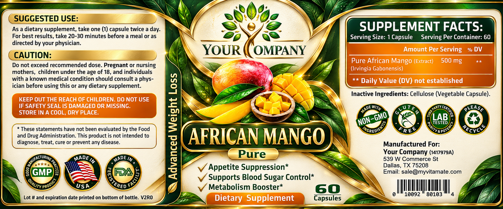 African Mango Pure 500mg Supplement Label – Luxury & Premium Design