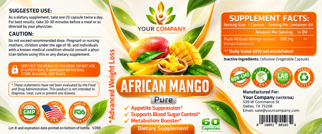 African Mango Pure 500mg Supplement Label – Modern & Clean Design