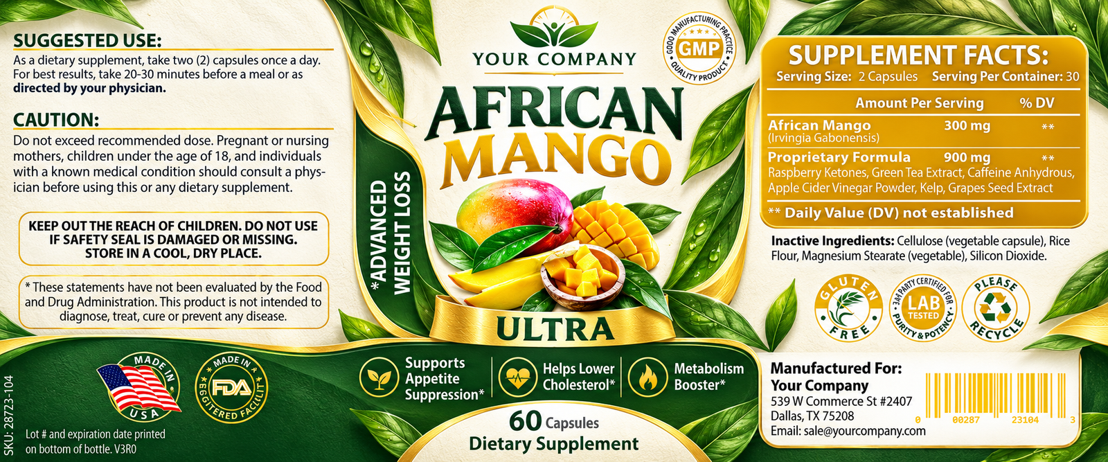 African Mango Ultra Supplement Label – Botanical & Natural Design