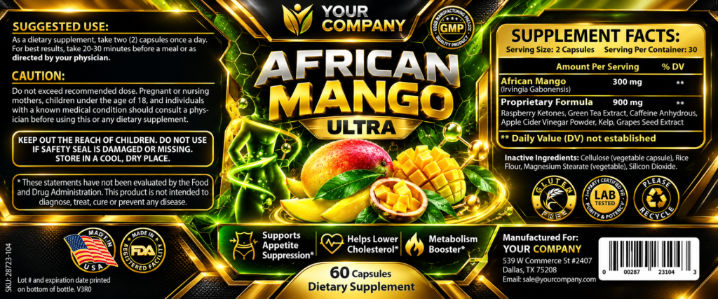 African Mango Ultra Supplement Label – Futuristic & Neon Design