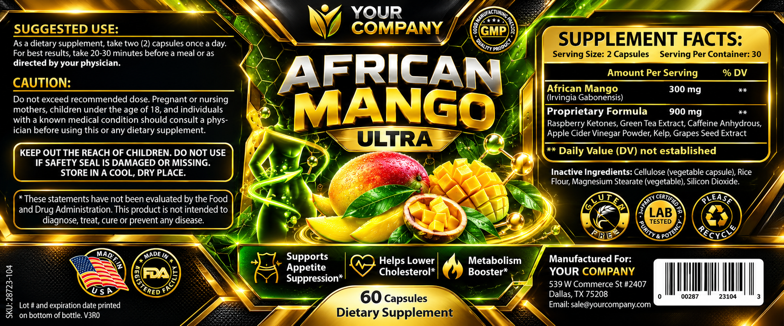 African Mango Ultra Supplement Label – Futuristic & Neon Design
