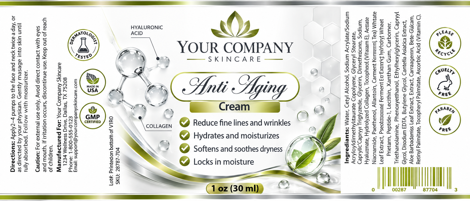 Anti-Aging Cream Skin Care Label – Classic & Elegant Design