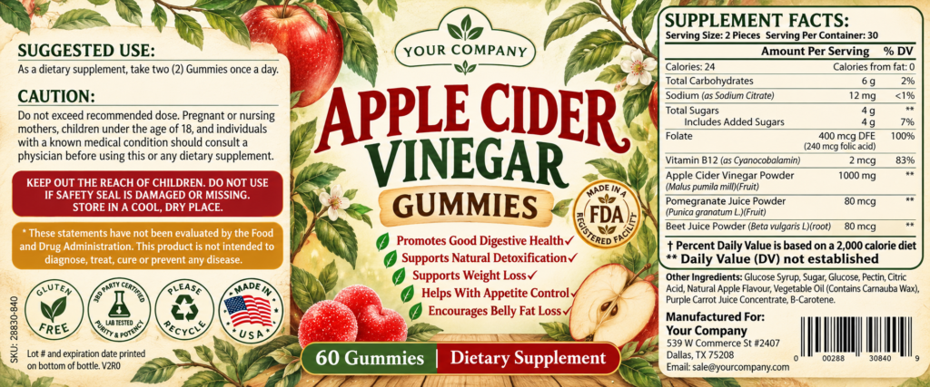 Apple Cider Vinegar Gummies Supplement Label – Botanical & Natural Design