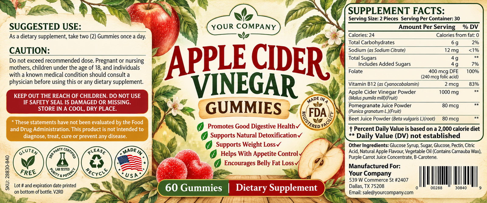 Apple Cider Vinegar Gummies Supplement Label – Botanical & Natural Design