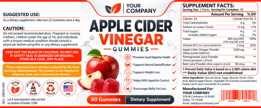 Apple Cider Vinegar Gummies Supplement Label – Classic & Elegant Design