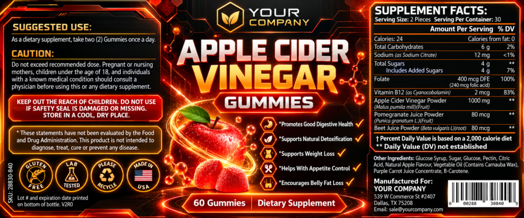 Apple Cider Vinegar Gummies Supplement Label – Futuristic & Neon Design