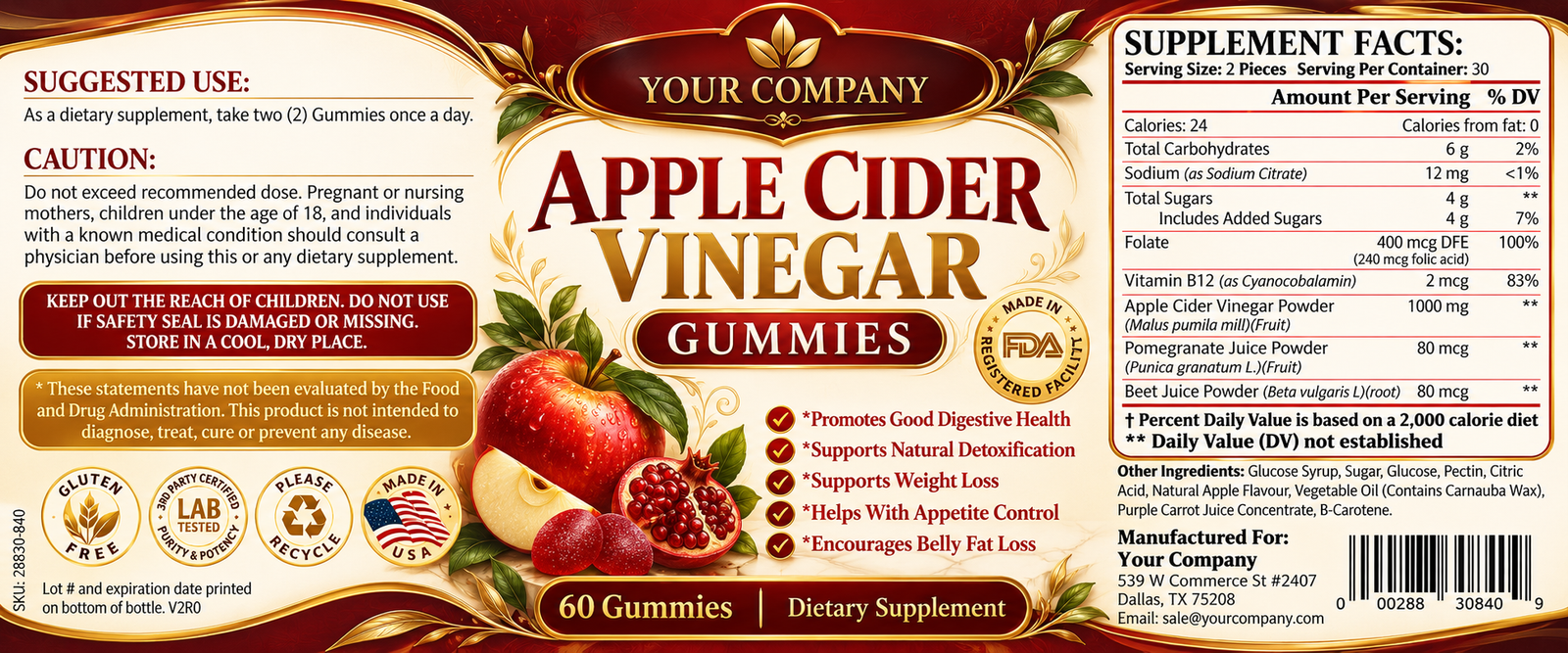Apple Cider Vinegar Gummies Supplement Label – Luxury & Premium Design