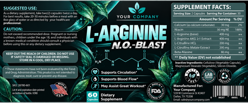 Arginine NO Blast Supplement Label – Botanical & Natural Design