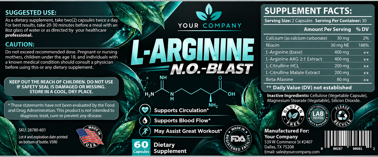 Arginine NO Blast Supplement Label – Botanical & Natural Design