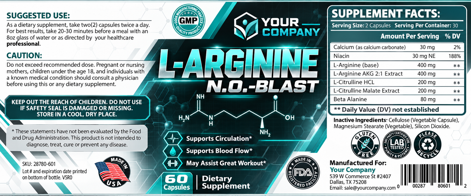 Arginine NO Blast Supplement Label – Classic & Elegant Design