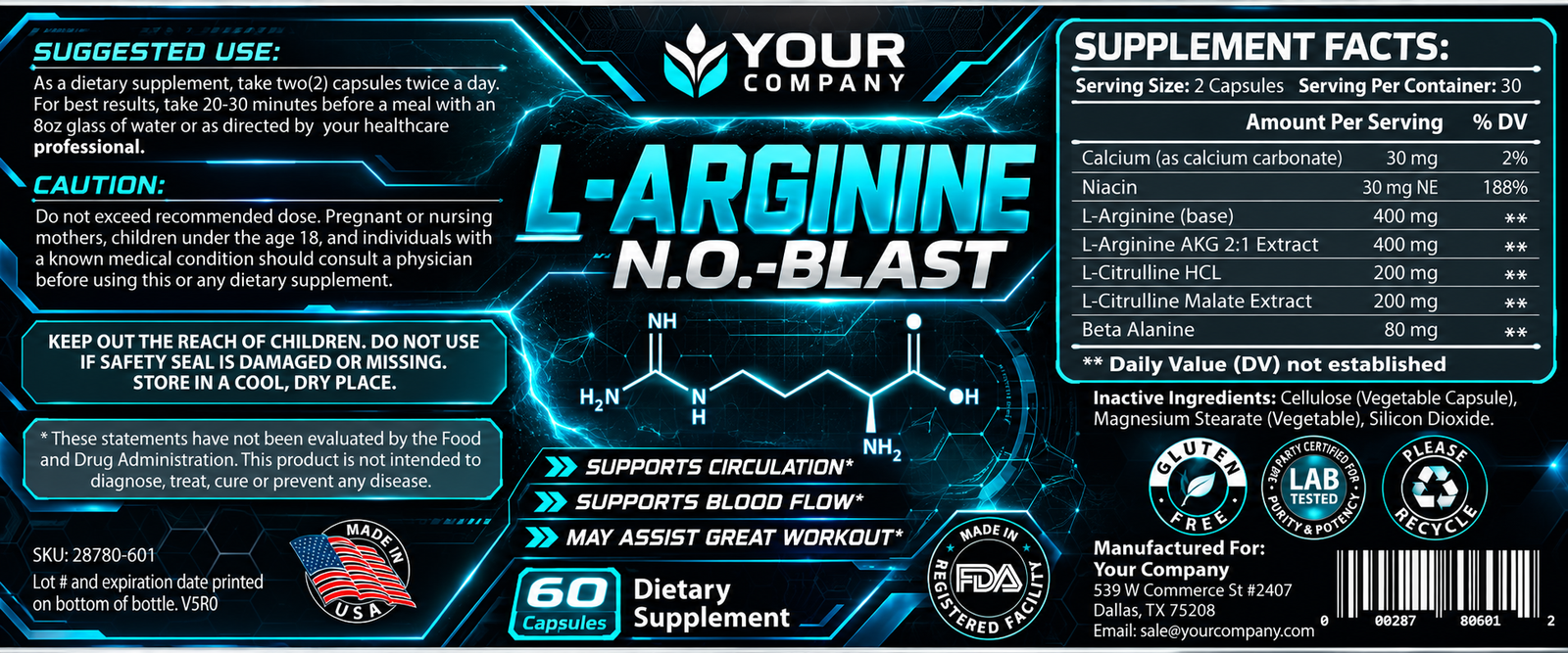 Arginine NO Blast Supplement Label – Futuristic & Neon Design