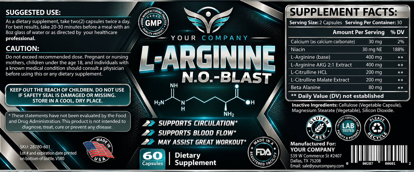 Arginine NO Blast Supplement Label – Luxury & Premium Design