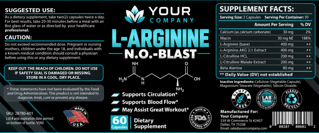 Arginine NO Blast Supplement Label – Modern & Clean Design