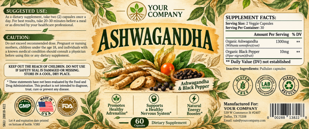 Ashwagandha Supplement Label – Botanical & Natural Design