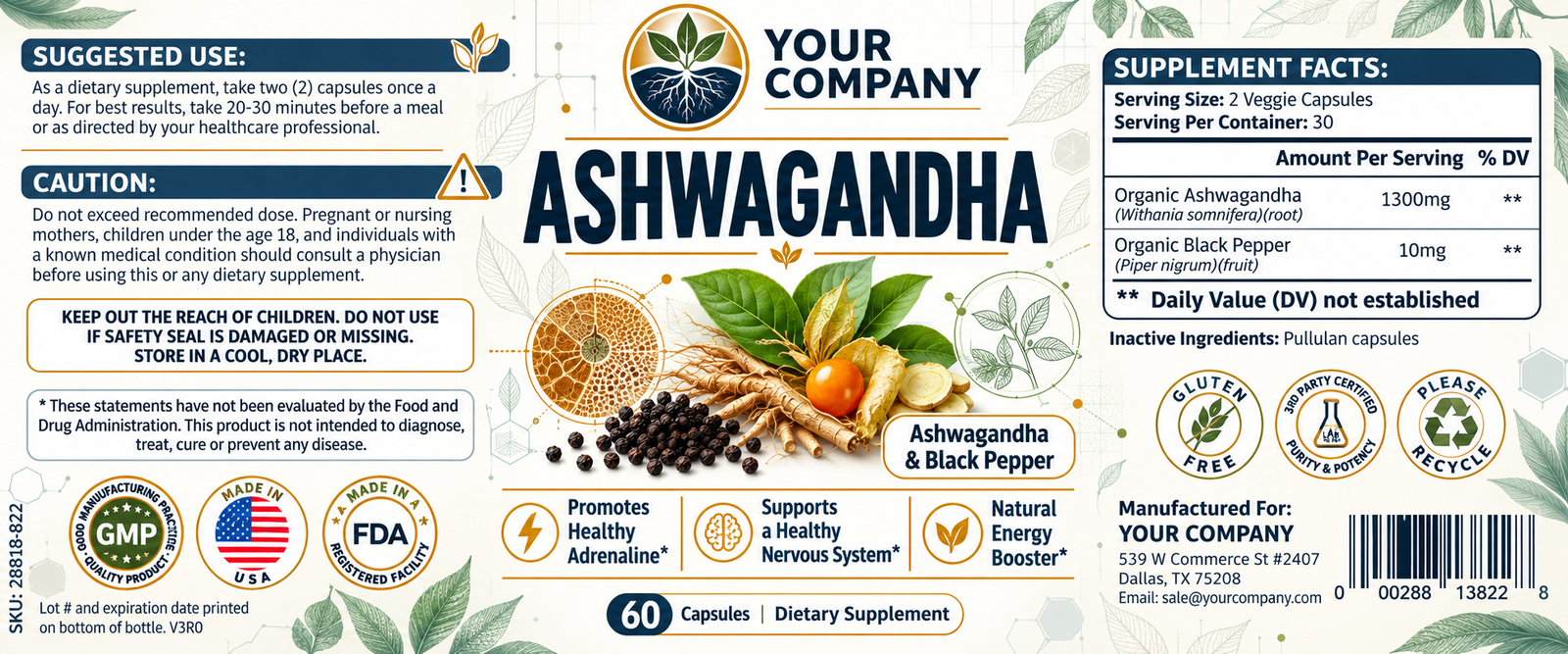 Ashwagandha Supplement Label – Classic & Elegant Design