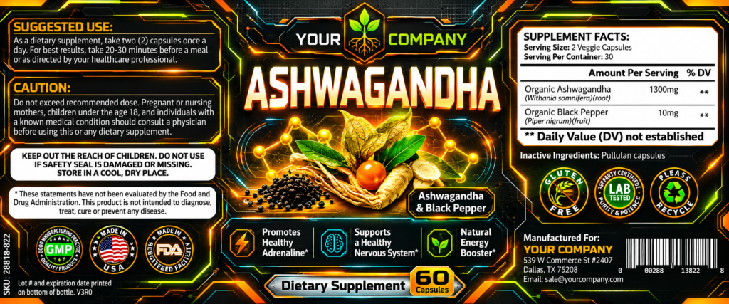 Ashwagandha Supplement Label – Futuristic & Neon Design