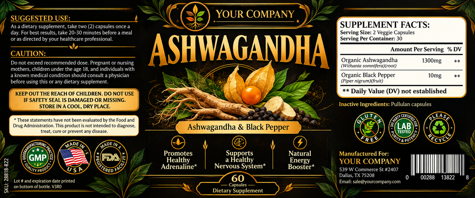 Ashwagandha Supplement Label – Luxury & Premium Design