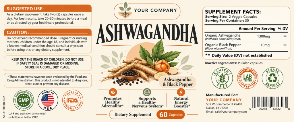 Ashwagandha Supplement Label – Modern & Clean Design