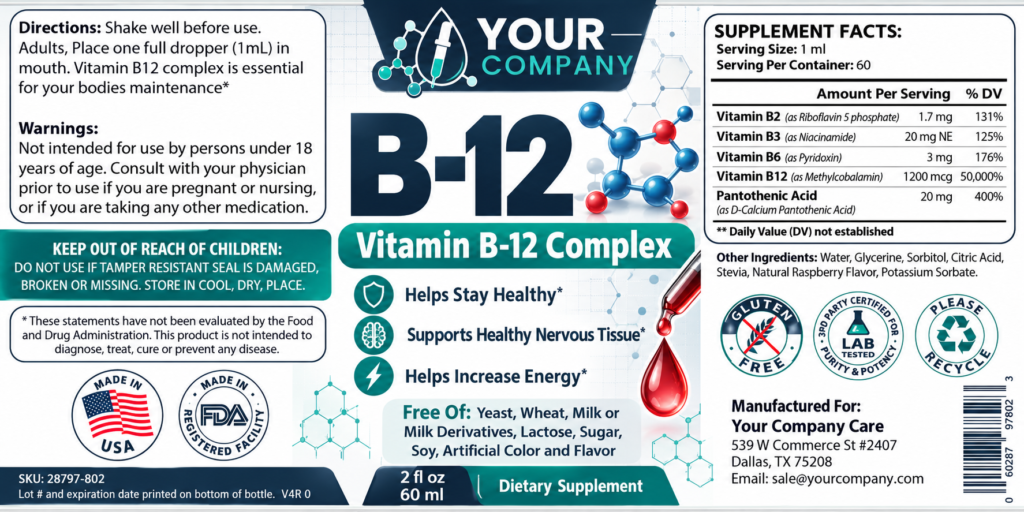 B12 Drops Supplement Label – Classic & Elegant Design