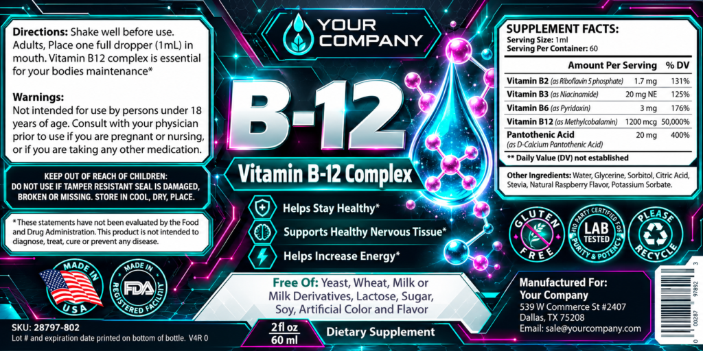 B12 Drops Supplement Label – Futuristic & Neon Design
