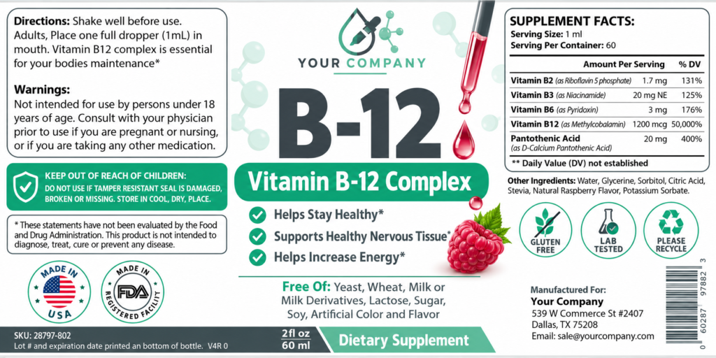 B12 Drops Supplement Label – Modern & Clean Design