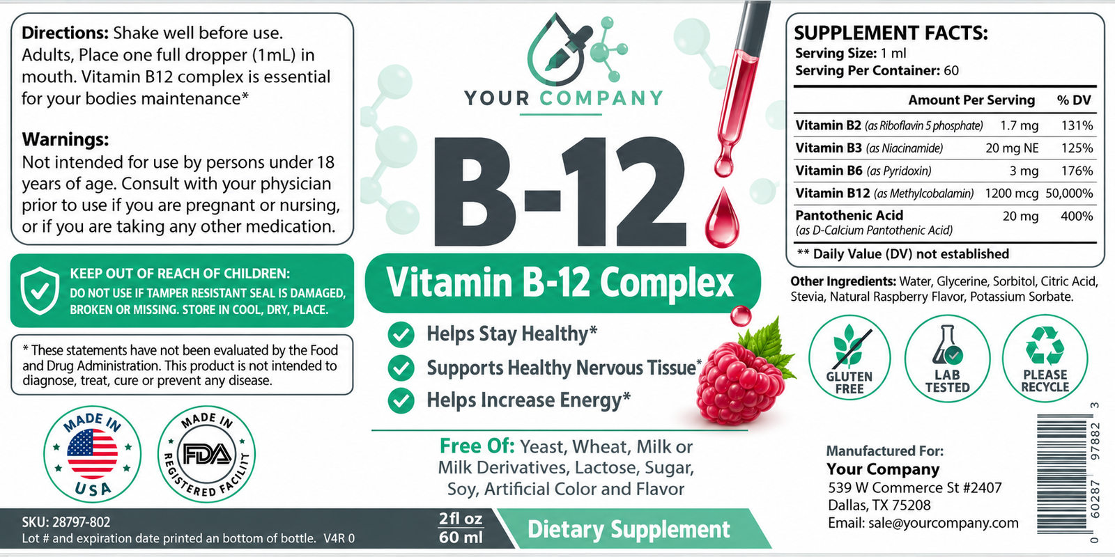 B12 Drops Supplement Label – Modern & Clean Design