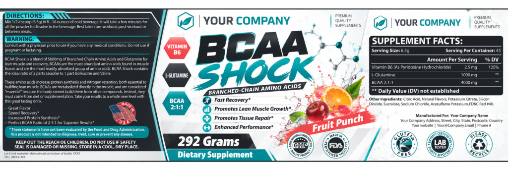 BCAA Shock Fruit Punch Supplement Label – Classic & Elegant Design