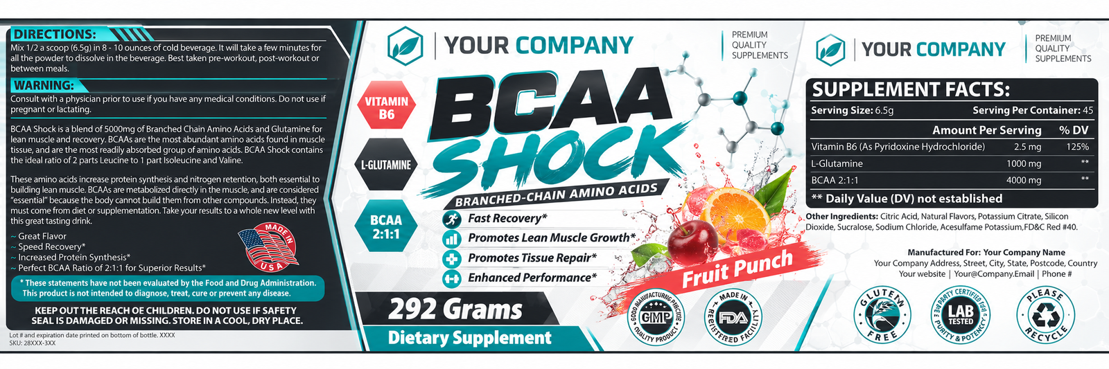 BCAA Shock Fruit Punch Supplement Label – Classic & Elegant Design