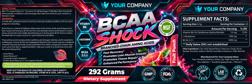 BCAA Shock Fruit Punch Supplement Label – Futuristic & Neon Design