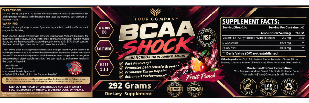 BCAA Shock Fruit Punch Supplement Label – Luxury & Premium Design