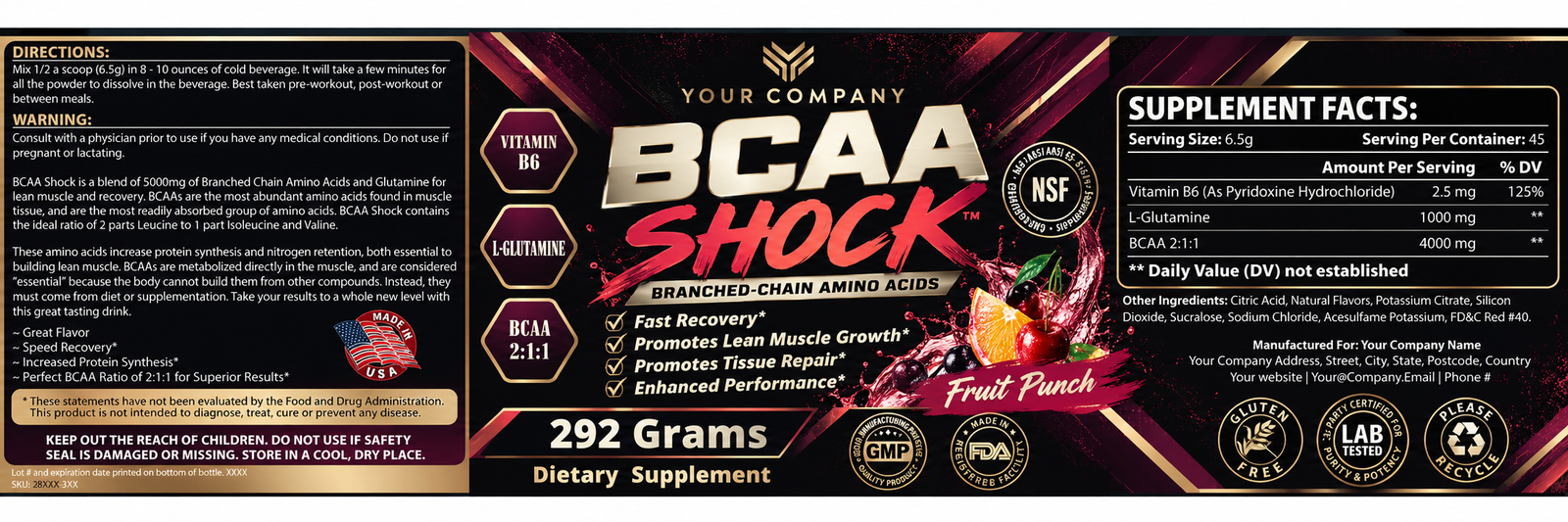 BCAA Shock Fruit Punch Supplement Label – Luxury & Premium Design