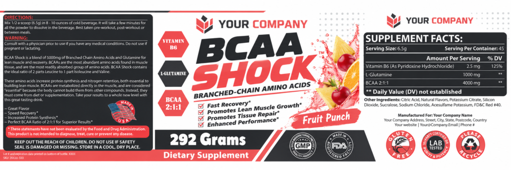 BCAA Shock Fruit Punch Supplement Label – Modern & Clean Design