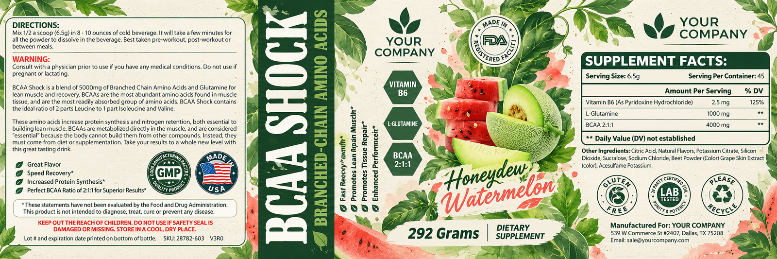 BCAA Shock Watermelon Supplement Label – Botanical & Natural Design