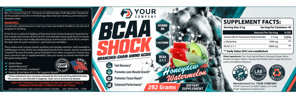 BCAA Shock Watermelon Supplement Label – Classic & Elegant Design