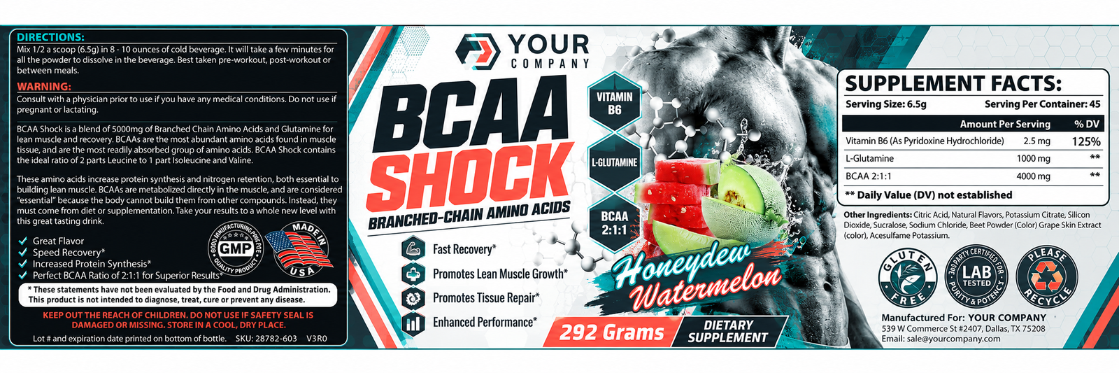 BCAA Shock Watermelon Supplement Label – Classic & Elegant Design