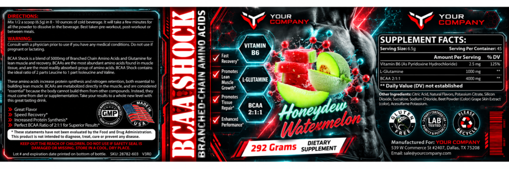 BCAA Shock Watermelon Supplement Label – Futuristic & Neon Design
