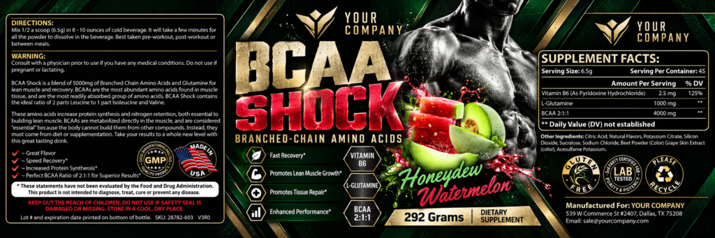 BCAA Shock Watermelon Supplement Label – Luxury & Premium Design
