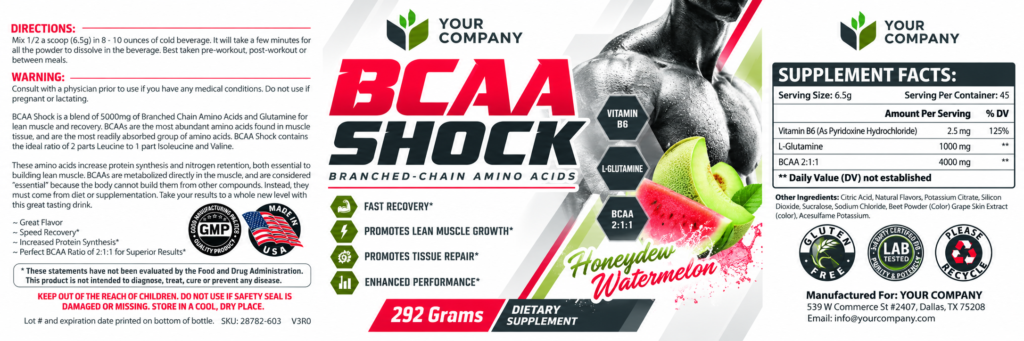 BCAA Shock Watermelon Supplement Label – Modern & Clean Design